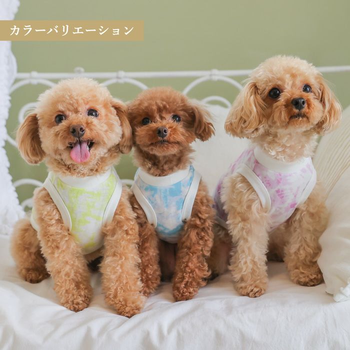 名入れ 名前 刺繍 お揃い ペアルック 犬　服 洋服　犬服　犬の服　ドッグウェア　ペットウェア　小型犬 フレブル ダックス 誕生日 記念日 春 夏 ギフト プレゼント 犬とお揃い 綿 コットン 日本製 国産 タンクトップ Vague ブランド タイダイ柄 マーブル